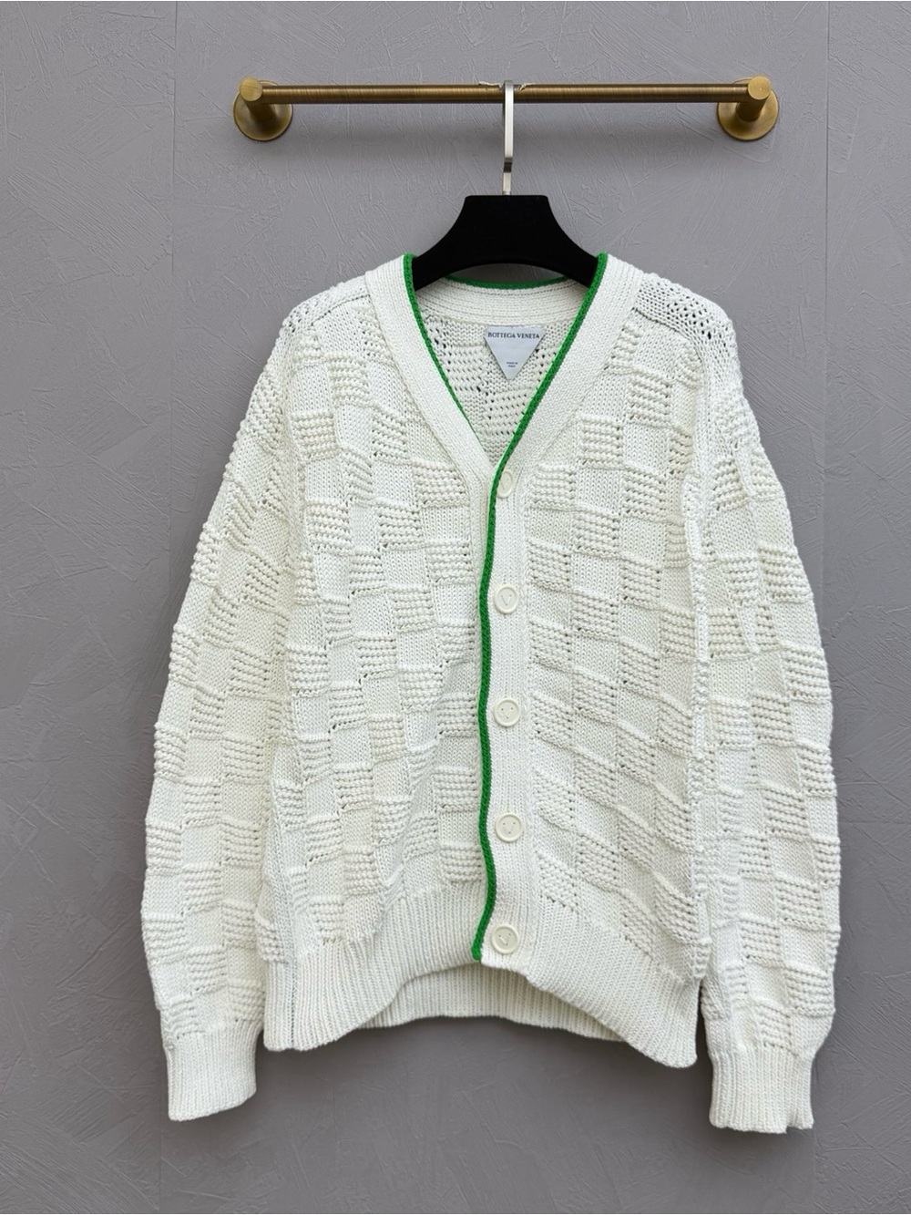 Bottega Veneta Cream Knit Cardigan with Green Trim